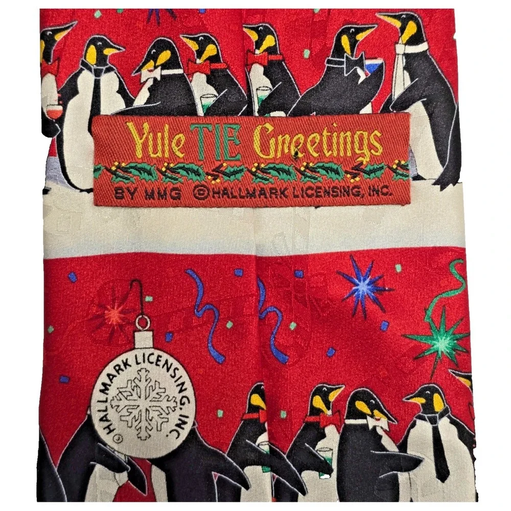 Hallmark Christmas Silk Tie Penguin‎ Yule Greetings Festive Holiday Men's